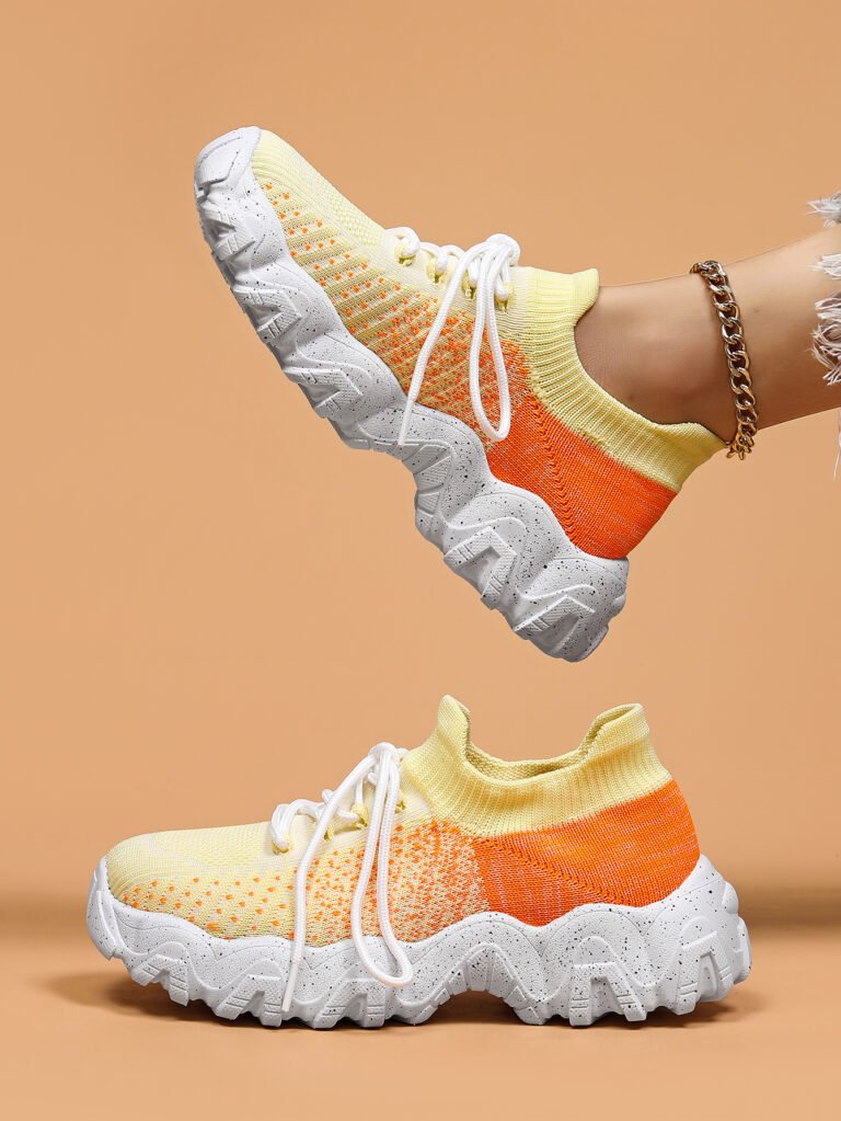 Shunnian model 5011 yellow and orange color-block knit sneaker, size 36-44