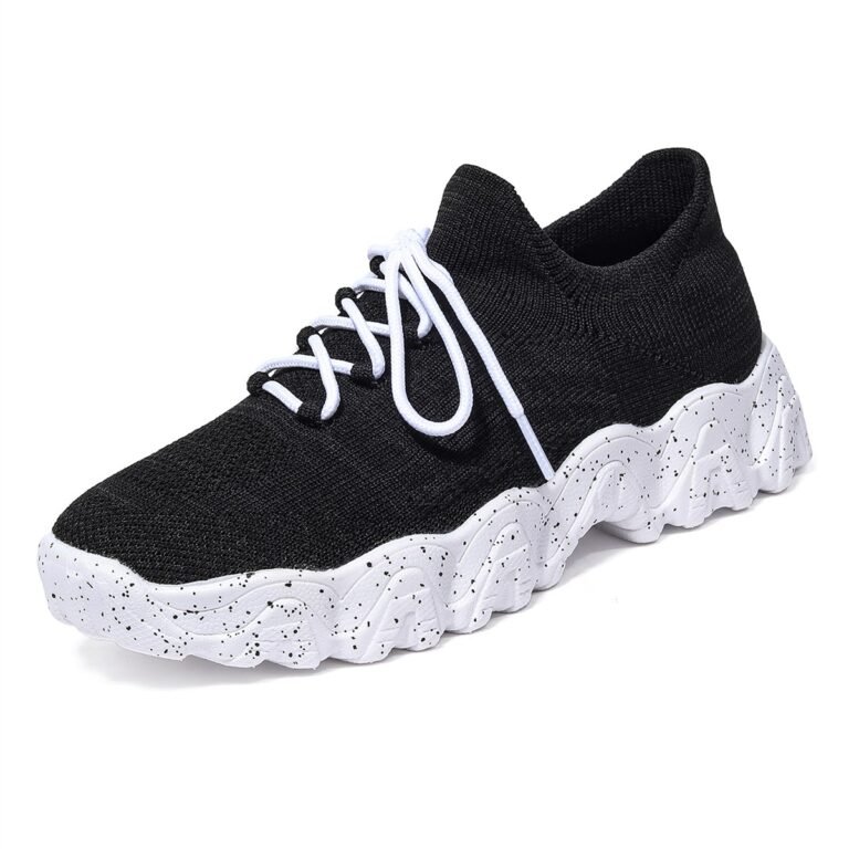 Model 5701 black and white knit lace-up sneaker, full three-quarter product view